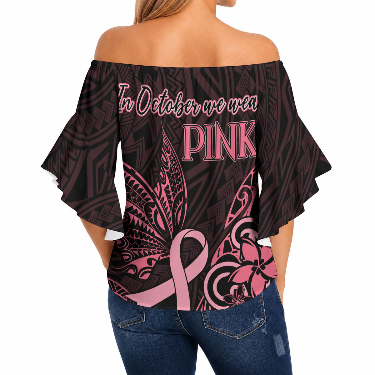 Polynesian Off Shoulder Wrap Waist Top Breast Cancer Ribbon Butterfly Mix Plumeria Curves Pink