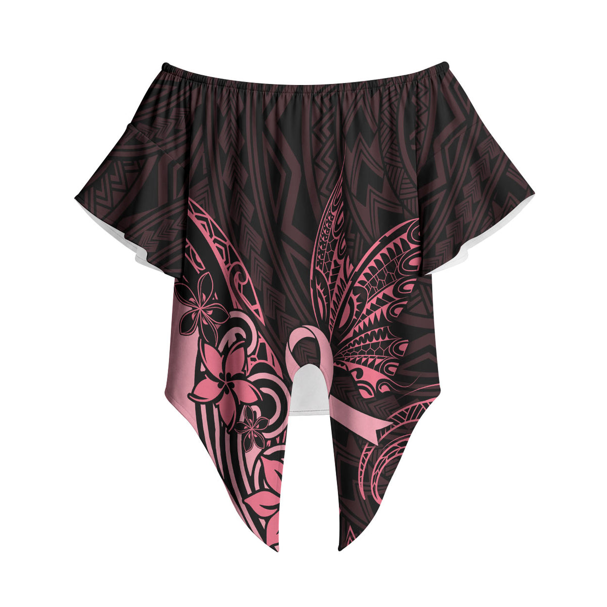 Polynesian Off Shoulder Wrap Waist Top Breast Cancer Ribbon Butterfly Mix Plumeria Curves Pink
