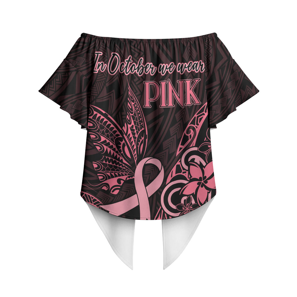 Polynesian Off Shoulder Wrap Waist Top Breast Cancer Ribbon Butterfly Mix Plumeria Curves Pink