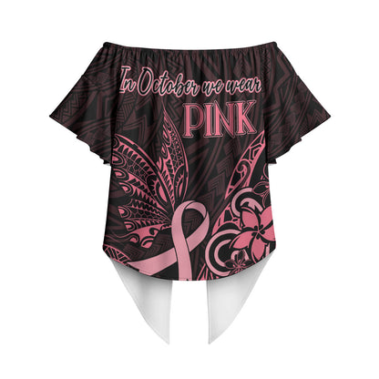 Polynesian Off Shoulder Wrap Waist Top Breast Cancer Ribbon Butterfly Mix Plumeria Curves Pink