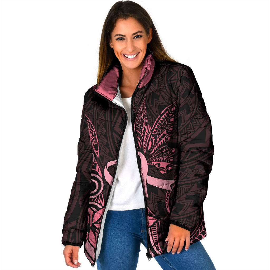 Polynesian Padded Jacket Breast Cancer Ribbon Butterfly Mix Plumeria Curves Pink