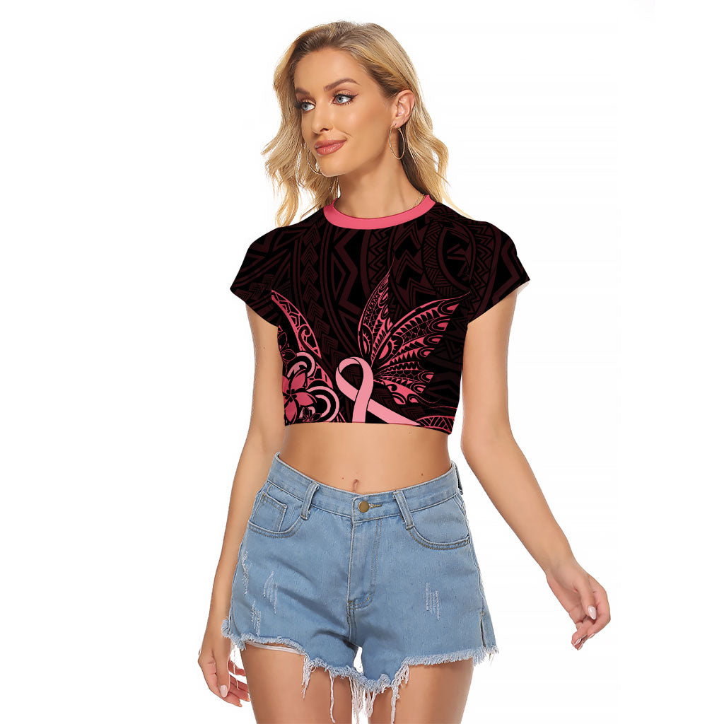 Polynesian Raglan Cropped T Shirt Breast Cancer Ribbon Butterfly Mix Plumeria Curves Pink