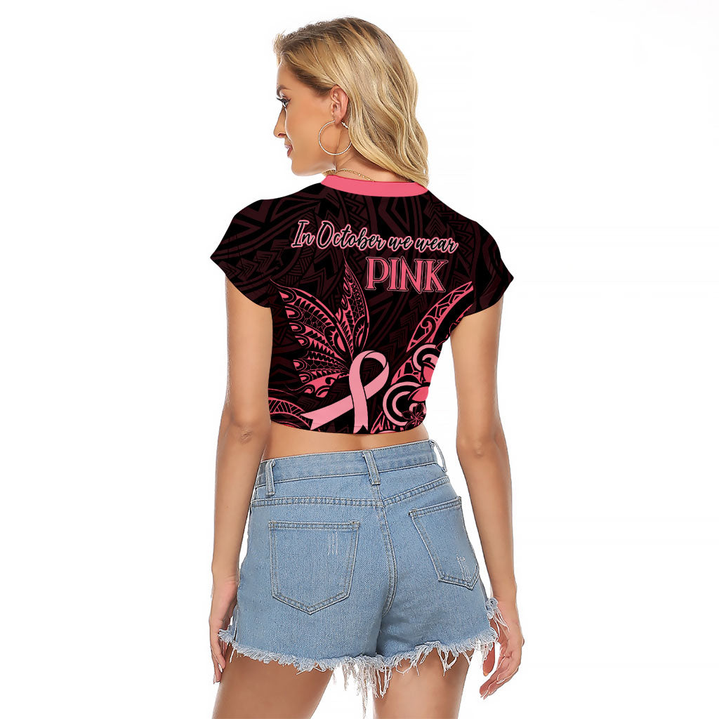Polynesian Raglan Cropped T Shirt Breast Cancer Ribbon Butterfly Mix Plumeria Curves Pink