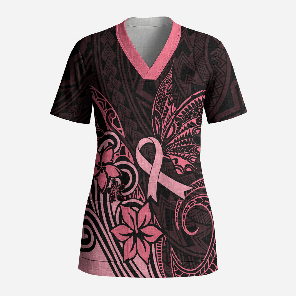 Polynesian Scrub Top Breast Cancer Ribbon Butterfly Mix Plumeria Curves Pink