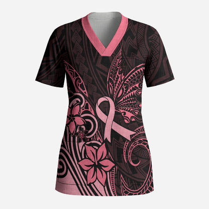 Polynesian Scrub Top Breast Cancer Ribbon Butterfly Mix Plumeria Curves Pink