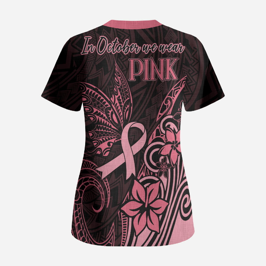 Polynesian Scrub Top Breast Cancer Ribbon Butterfly Mix Plumeria Curves Pink