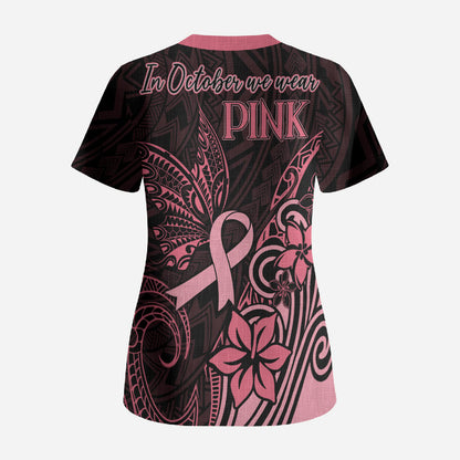 Polynesian Scrub Top Breast Cancer Ribbon Butterfly Mix Plumeria Curves Pink