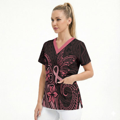 Polynesian Scrub Top Breast Cancer Ribbon Butterfly Mix Plumeria Curves Pink