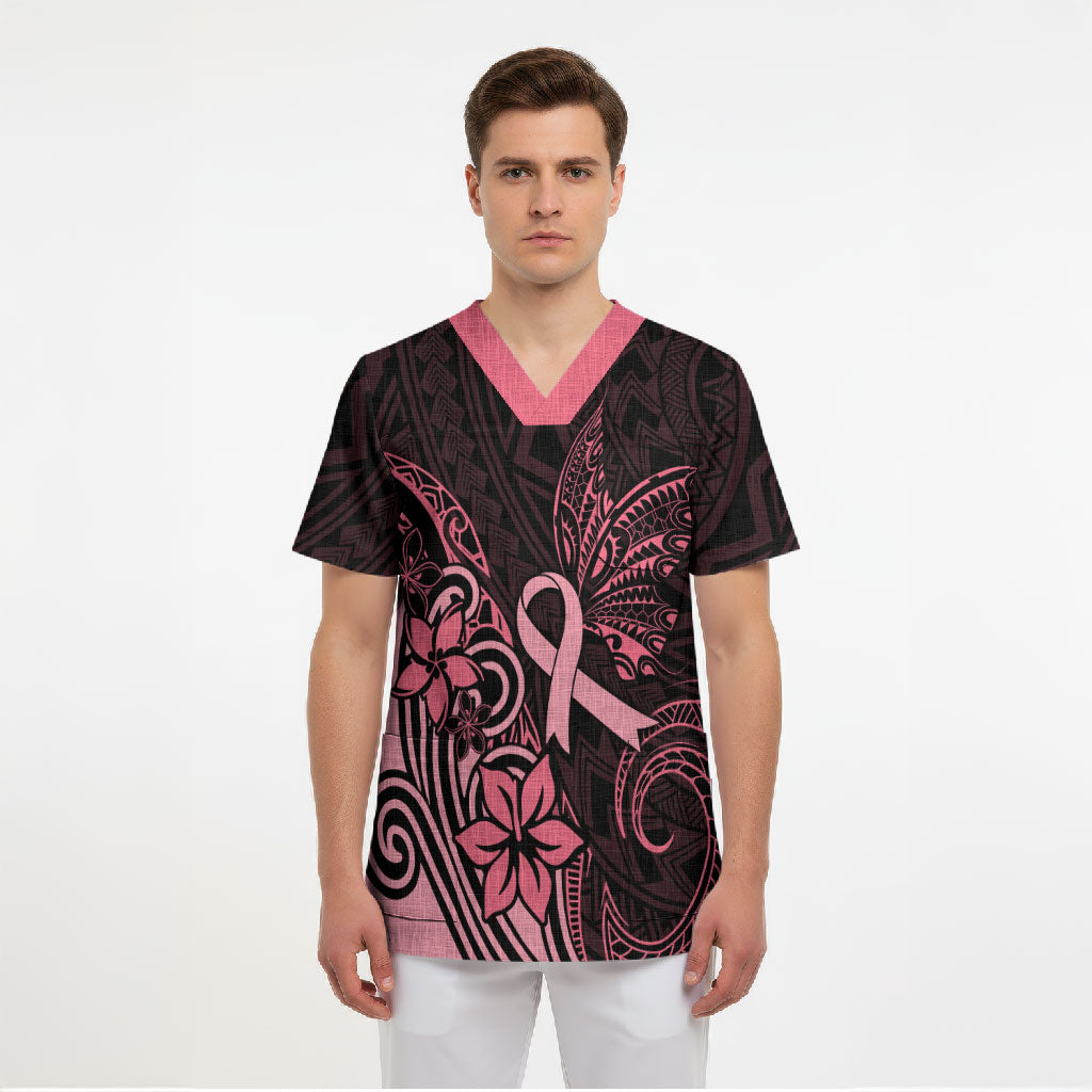 Polynesian Scrub Top Breast Cancer Ribbon Butterfly Mix Plumeria Curves Pink