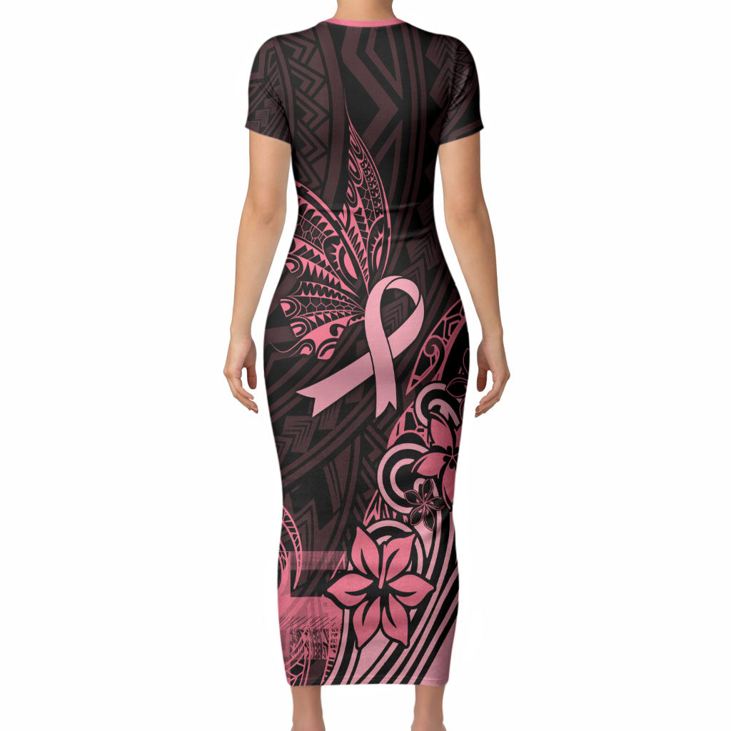 Polynesian Short Sleeve Bodycon Dress Breast Cancer Ribbon Butterfly Mix Plumeria Curves Pink