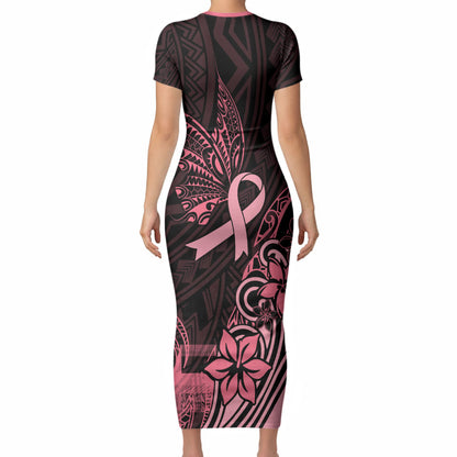 Polynesian Short Sleeve Bodycon Dress Breast Cancer Ribbon Butterfly Mix Plumeria Curves Pink