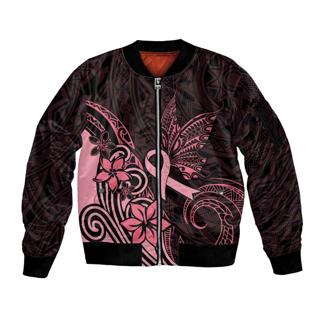 Polynesian Sleeve Zip Bomber Jacket Breast Cancer Ribbon Butterfly Mix Plumeria Curves Pink