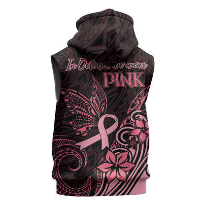 Polynesian Sleeveless Hoodie Breast Cancer Ribbon Butterfly Mix Plumeria Curves Pink