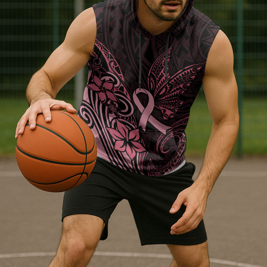 Polynesian Sleeveless Hoodie Breast Cancer Ribbon Butterfly Mix Plumeria Curves Pink