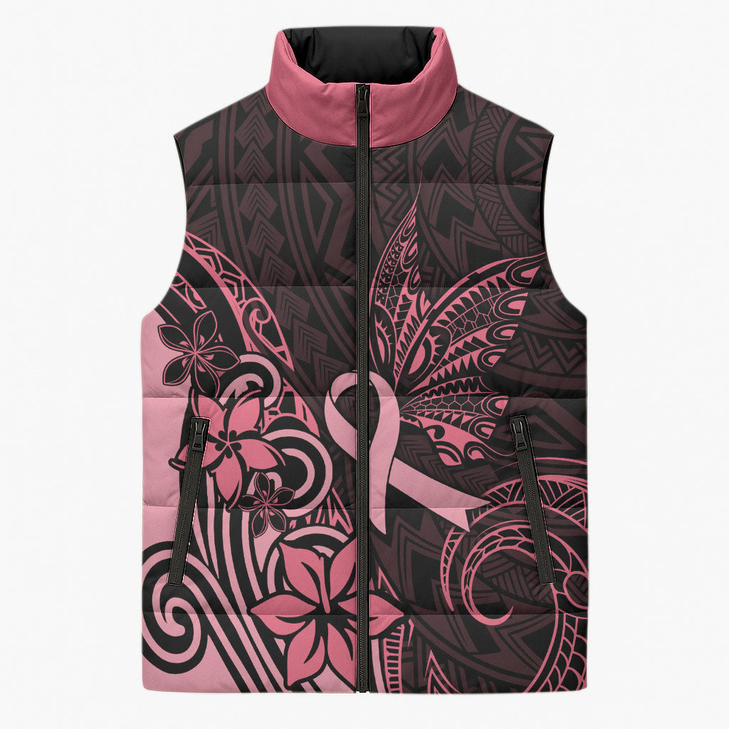 Polynesian Sleeveless Puffer Jacket Breast Cancer Ribbon Butterfly Mix Plumeria Curves Pink