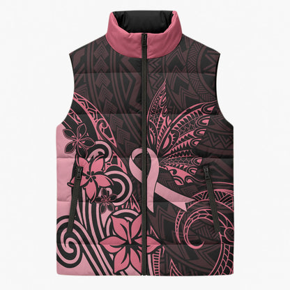 Polynesian Sleeveless Puffer Jacket Breast Cancer Ribbon Butterfly Mix Plumeria Curves Pink
