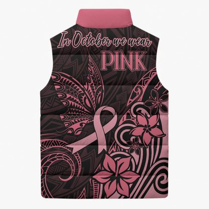 Polynesian Sleeveless Puffer Jacket Breast Cancer Ribbon Butterfly Mix Plumeria Curves Pink