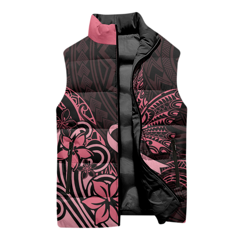 Polynesian Sleeveless Puffer Jacket Breast Cancer Ribbon Butterfly Mix Plumeria Curves Pink
