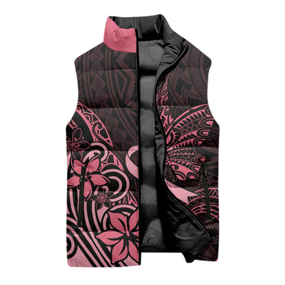 Polynesian Sleeveless Puffer Jacket Breast Cancer Ribbon Butterfly Mix Plumeria Curves Pink