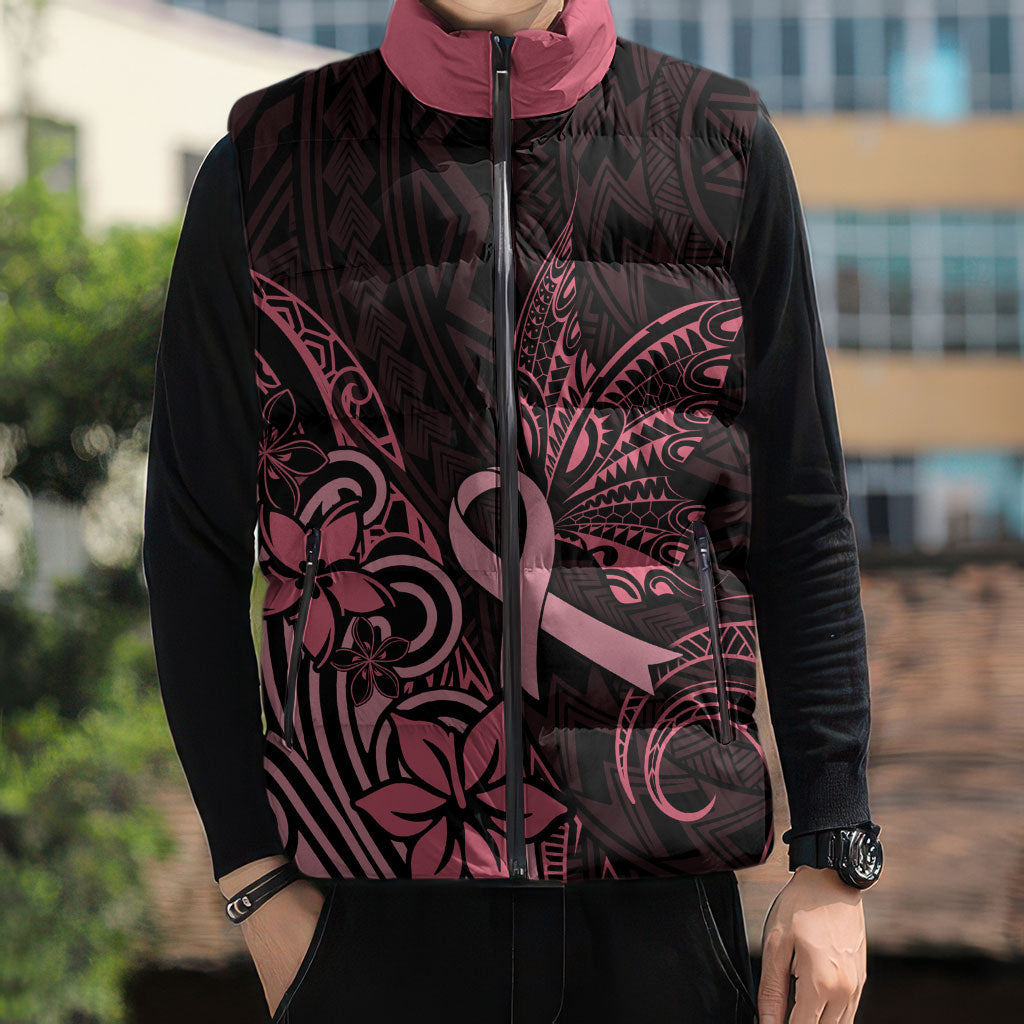 Polynesian Sleeveless Puffer Jacket Breast Cancer Ribbon Butterfly Mix Plumeria Curves Pink