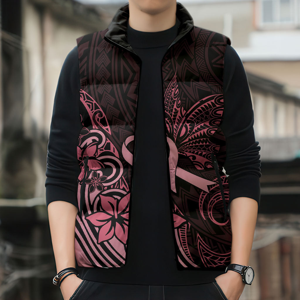 Polynesian Sleeveless Puffer Jacket Breast Cancer Ribbon Butterfly Mix Plumeria Curves Pink