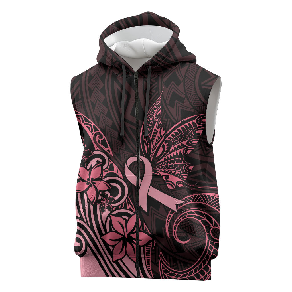 Polynesian Sleeveless Zip Hoodie Breast Cancer Ribbon Butterfly Mix Plumeria Curves Pink