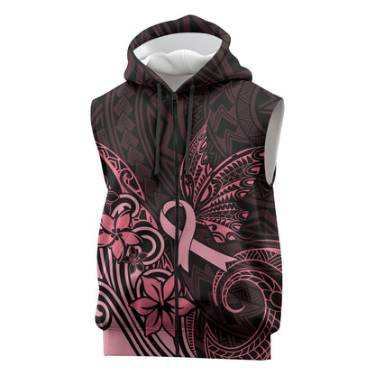Polynesian Sleeveless Zip Hoodie Breast Cancer Ribbon Butterfly Mix Plumeria Curves Pink