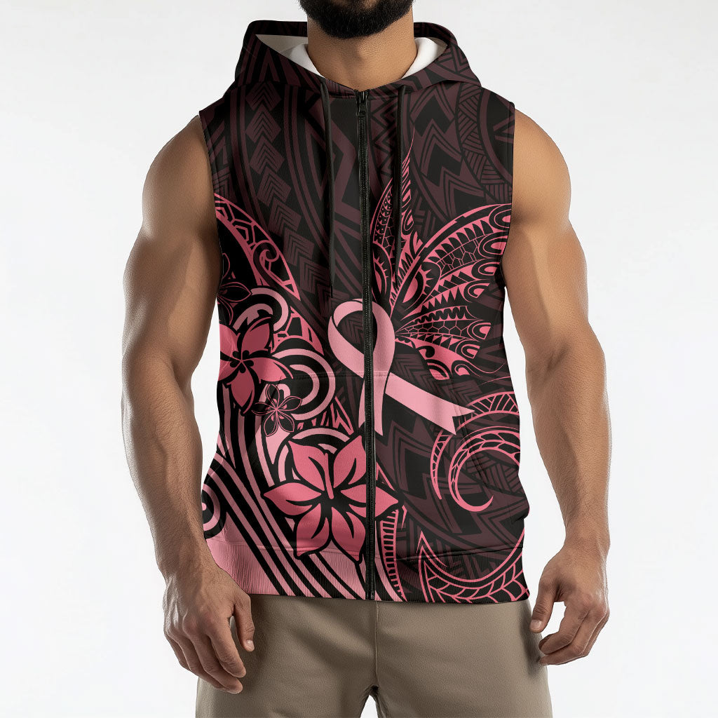 Polynesian Sleeveless Zip Hoodie Breast Cancer Ribbon Butterfly Mix Plumeria Curves Pink