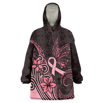 Polynesian Wearable Blanket Hoodie Breast Cancer Ribbon Butterfly Mix Plumeria Curves Pink
