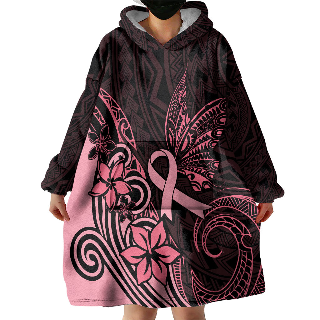 Polynesian Wearable Blanket Hoodie Breast Cancer Ribbon Butterfly Mix Plumeria Curves Pink