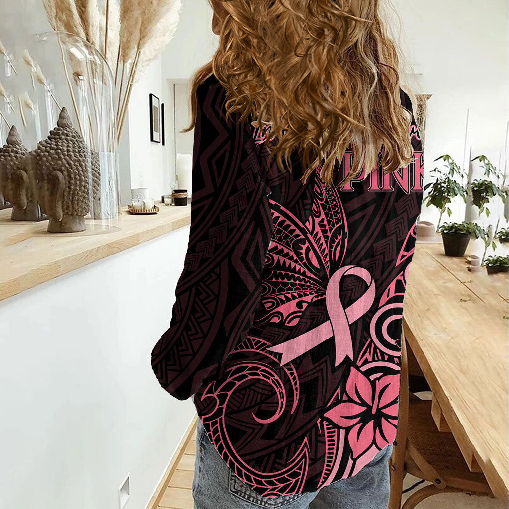 Polynesian Women Casual Shirt Breast Cancer Ribbon Butterfly Mix Plumeria Curves Pink