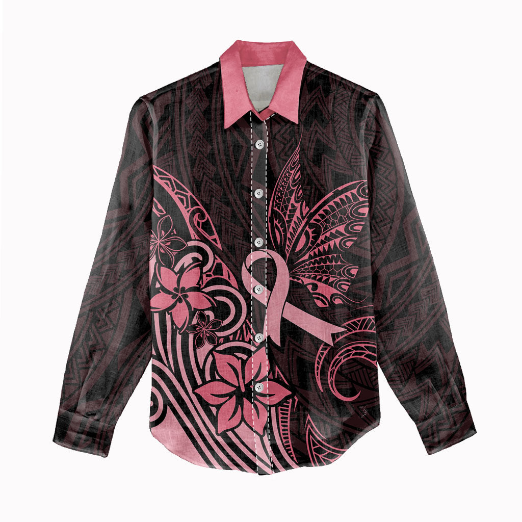 Polynesian Women Casual Shirt Breast Cancer Ribbon Butterfly Mix Plumeria Curves Pink