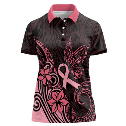 Polynesian Women Polo Shirt Breast Cancer Ribbon Butterfly Mix Plumeria Curves Pink