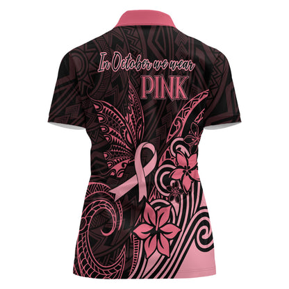 Polynesian Women Polo Shirt Breast Cancer Ribbon Butterfly Mix Plumeria Curves Pink