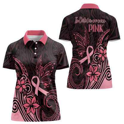 Polynesian Women Polo Shirt Breast Cancer Ribbon Butterfly Mix Plumeria Curves Pink