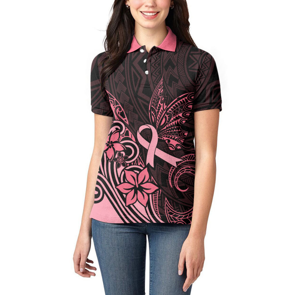 Polynesian Women Polo Shirt Breast Cancer Ribbon Butterfly Mix Plumeria Curves Pink