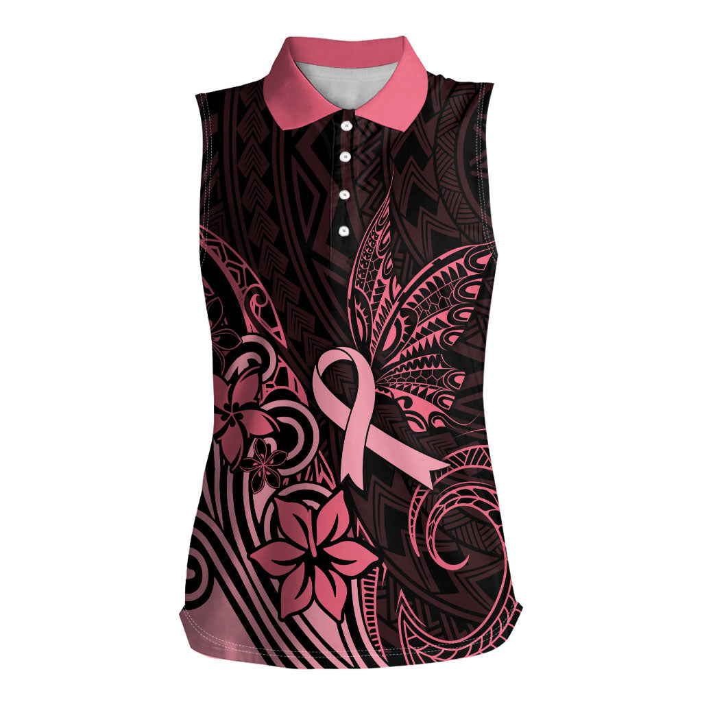 Polynesian Women Sleeveless Polo Shirt Breast Cancer Ribbon Butterfly Mix Plumeria Curves Pink