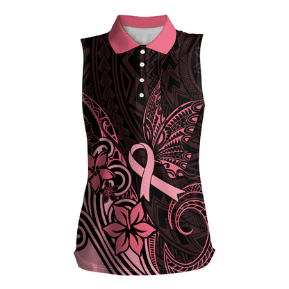 Polynesian Women Sleeveless Polo Shirt Breast Cancer Ribbon Butterfly Mix Plumeria Curves Pink