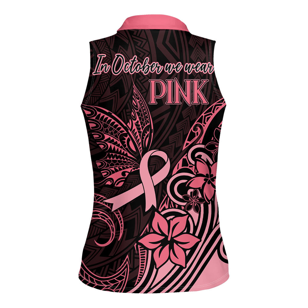 Polynesian Women Sleeveless Polo Shirt Breast Cancer Ribbon Butterfly Mix Plumeria Curves Pink