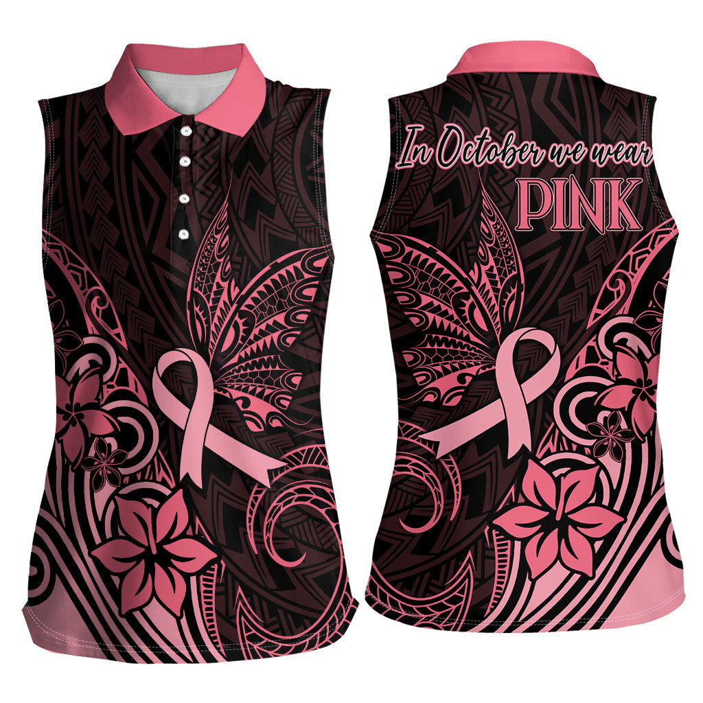 Polynesian Women Sleeveless Polo Shirt Breast Cancer Ribbon Butterfly Mix Plumeria Curves Pink
