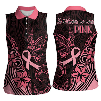Polynesian Women Sleeveless Polo Shirt Breast Cancer Ribbon Butterfly Mix Plumeria Curves Pink