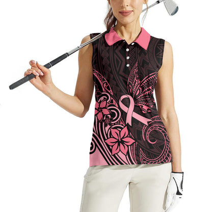 Polynesian Women Sleeveless Polo Shirt Breast Cancer Ribbon Butterfly Mix Plumeria Curves Pink