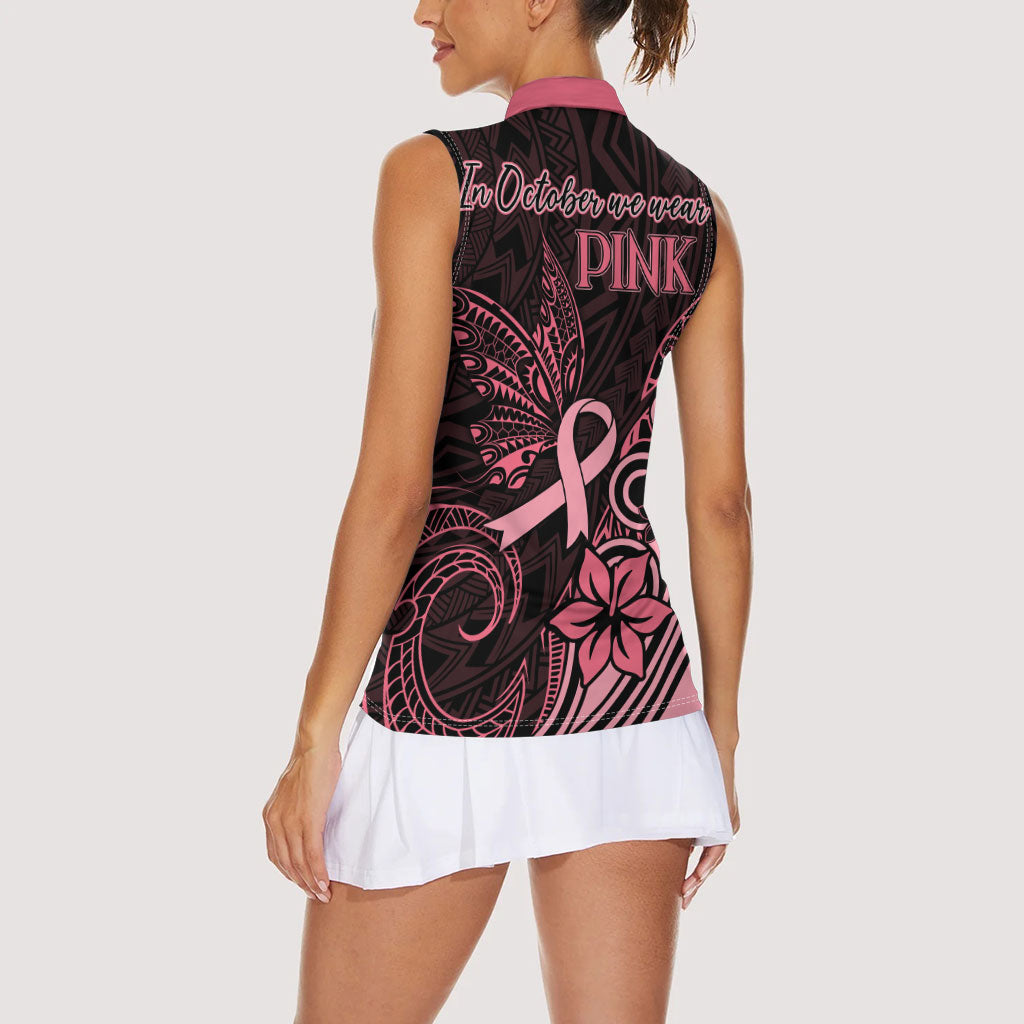 Polynesian Women Sleeveless Polo Shirt Breast Cancer Ribbon Butterfly Mix Plumeria Curves Pink