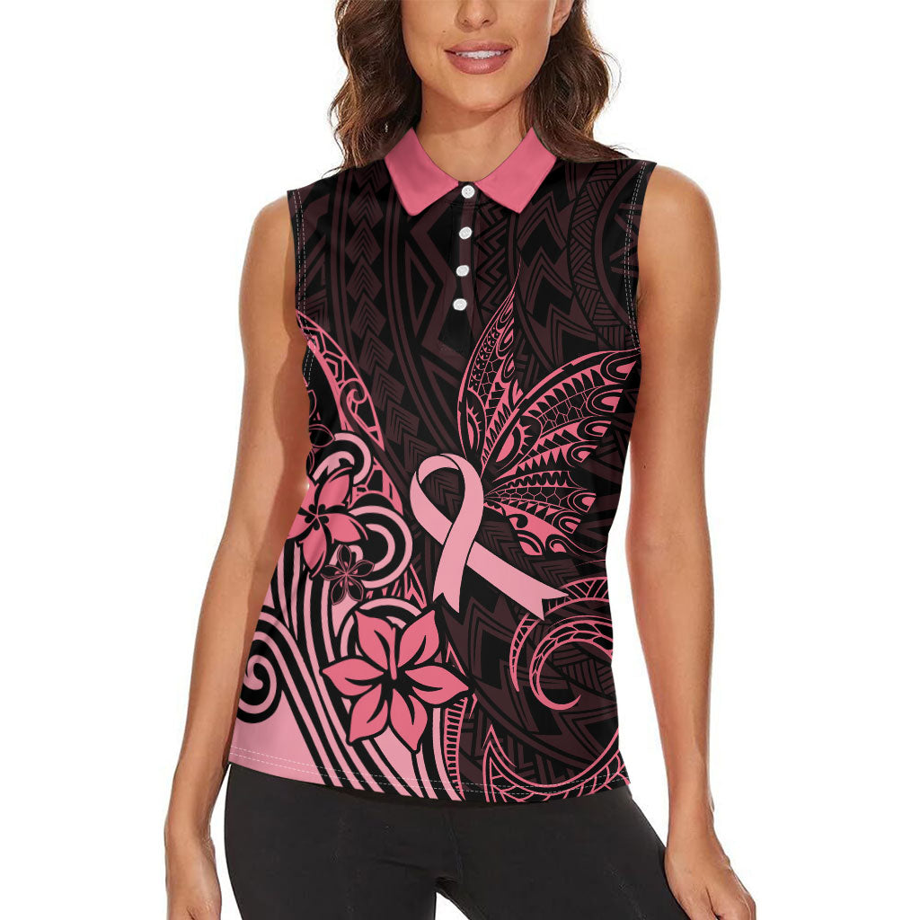 Polynesian Women Sleeveless Polo Shirt Breast Cancer Ribbon Butterfly Mix Plumeria Curves Pink