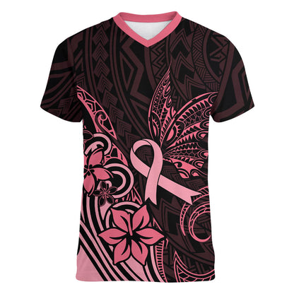 Polynesian Women V-Neck T-Shirt Breast Cancer Ribbon Butterfly Mix Plumeria Curves Pink