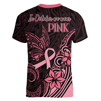 Polynesian Women V-Neck T-Shirt Breast Cancer Ribbon Butterfly Mix Plumeria Curves Pink