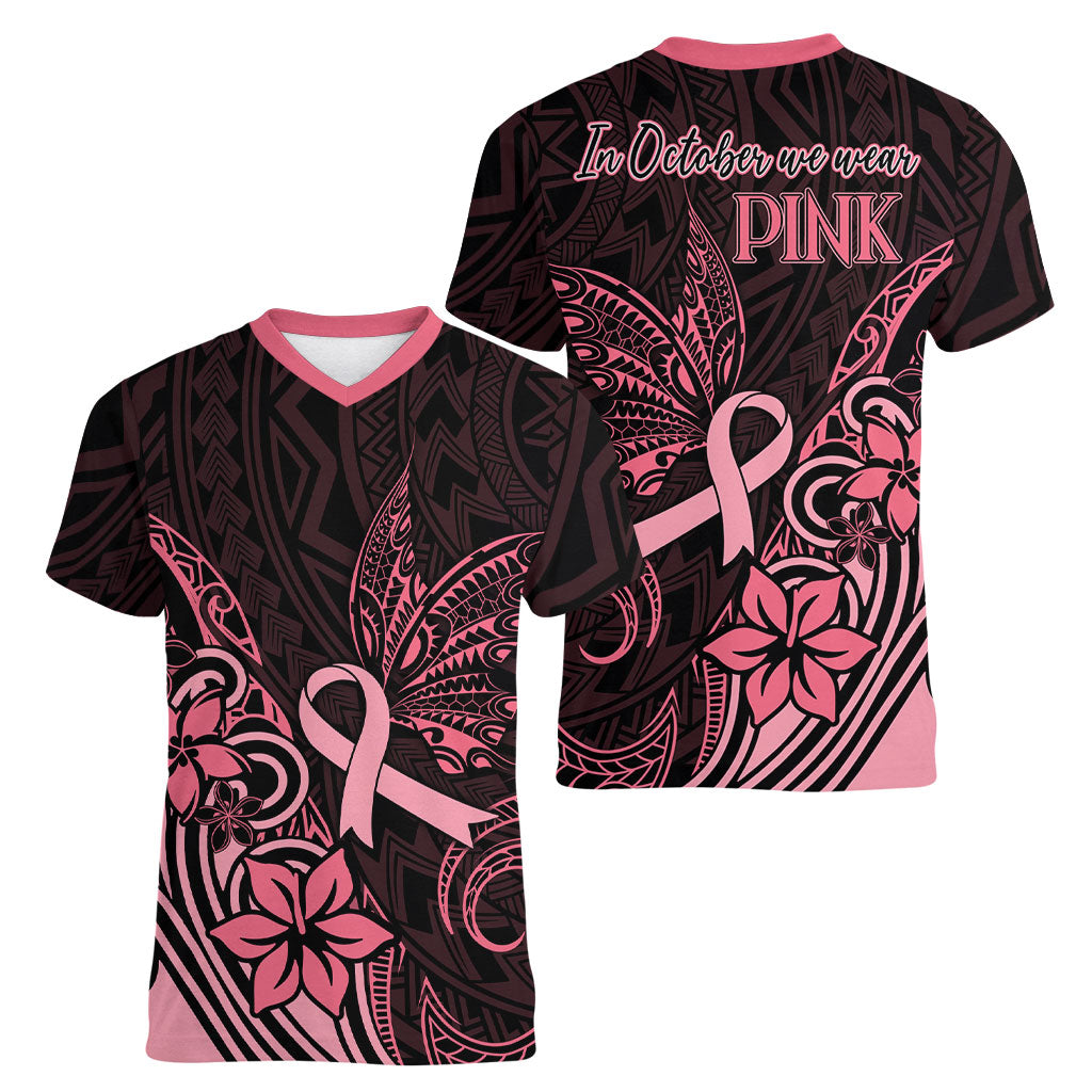 Polynesian Women V-Neck T-Shirt Breast Cancer Ribbon Butterfly Mix Plumeria Curves Pink