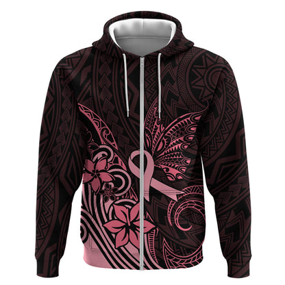 Polynesian Zip Hoodie Breast Cancer Ribbon Butterfly Mix Plumeria Curves Pink