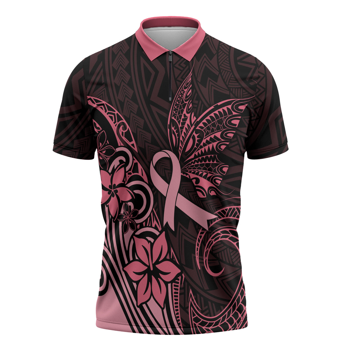 Polynesian Zipper Polo Shirt Breast Cancer Ribbon Butterfly Mix Plumeria Curves Pink