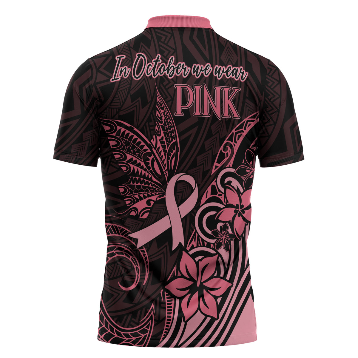 Polynesian Zipper Polo Shirt Breast Cancer Ribbon Butterfly Mix Plumeria Curves Pink